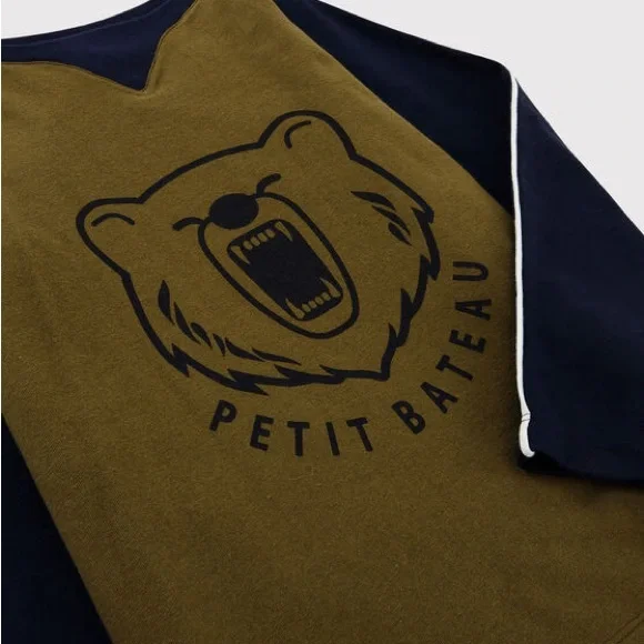 Petit Bateau Kids Bear Graphic Long Sleeve Tee - Olive green and Navy - Picture 3 of 5